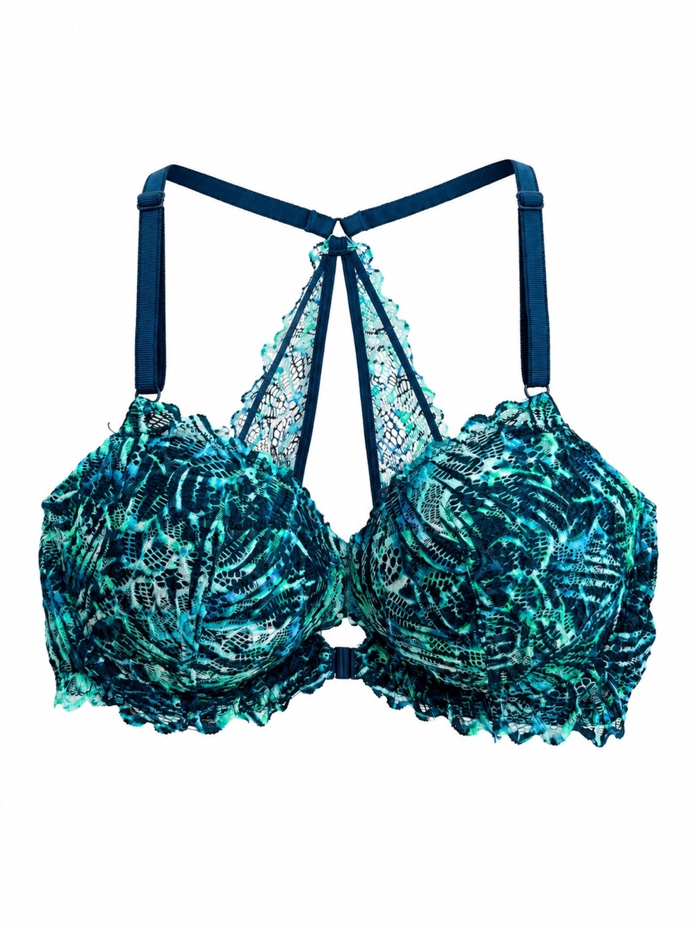 PINK Victoria’s Secret Push Up Bra 36C Blue Teal Lace Racerback Pink Lined